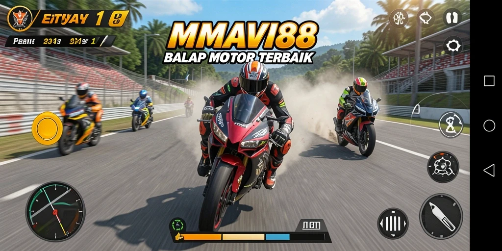 Gameplay seru AMAVI88 dengan berbagai motor dan trek balap.