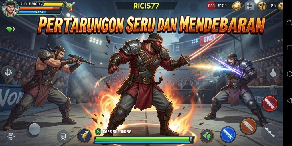 Screenshot aksi bertarung di RICIS77 dengan karakter dinamis.