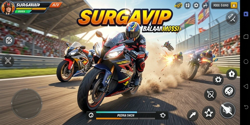 Gameplay seru dan mendebarkan dalam SURGAVIP dengan balapan motor yang menantang.